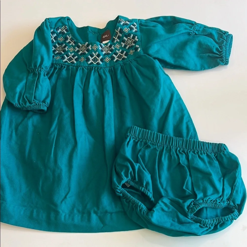 Tea 12-18m - Teal Baby Dress with Embroidered Detail‎